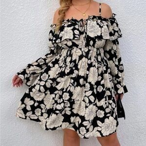 EUC Black & White Floral Cold Shoulder A-Line Dress